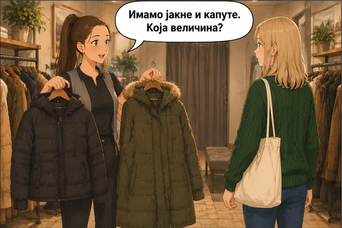 Кадр 3 из 14 к тексту «Можно примерить вон ту чёрную?»: «У нас есть куртки и пальто. Какой размер?»