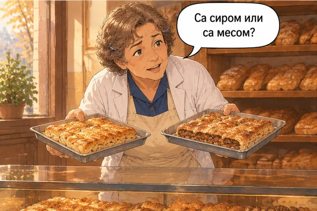 Кадр 3 из 14 к тексту «Здесь или с собой?»: «С сыром или с мясом?»