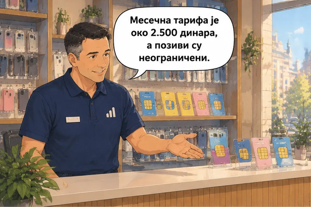 Кадр 5 из 15 к тексту «Мне нужен сербский номер.»: «Месячный тариф около 2.500 динаров, а звонки без ограничений.»