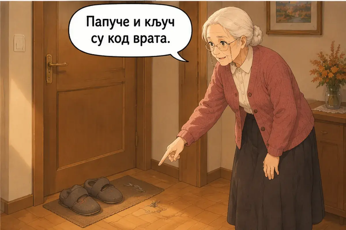 Кадр 4 из 13 к тексту «Проходите, пожалуйста»: «Тапочки и ключ у двери.»