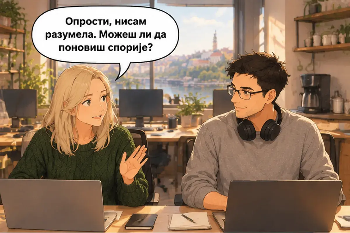 Кадр 14 из 16 к тексту «Пусть Душан покажет вам систему»: «Прости, я не поняла. Можешь повторить помедленнее?»