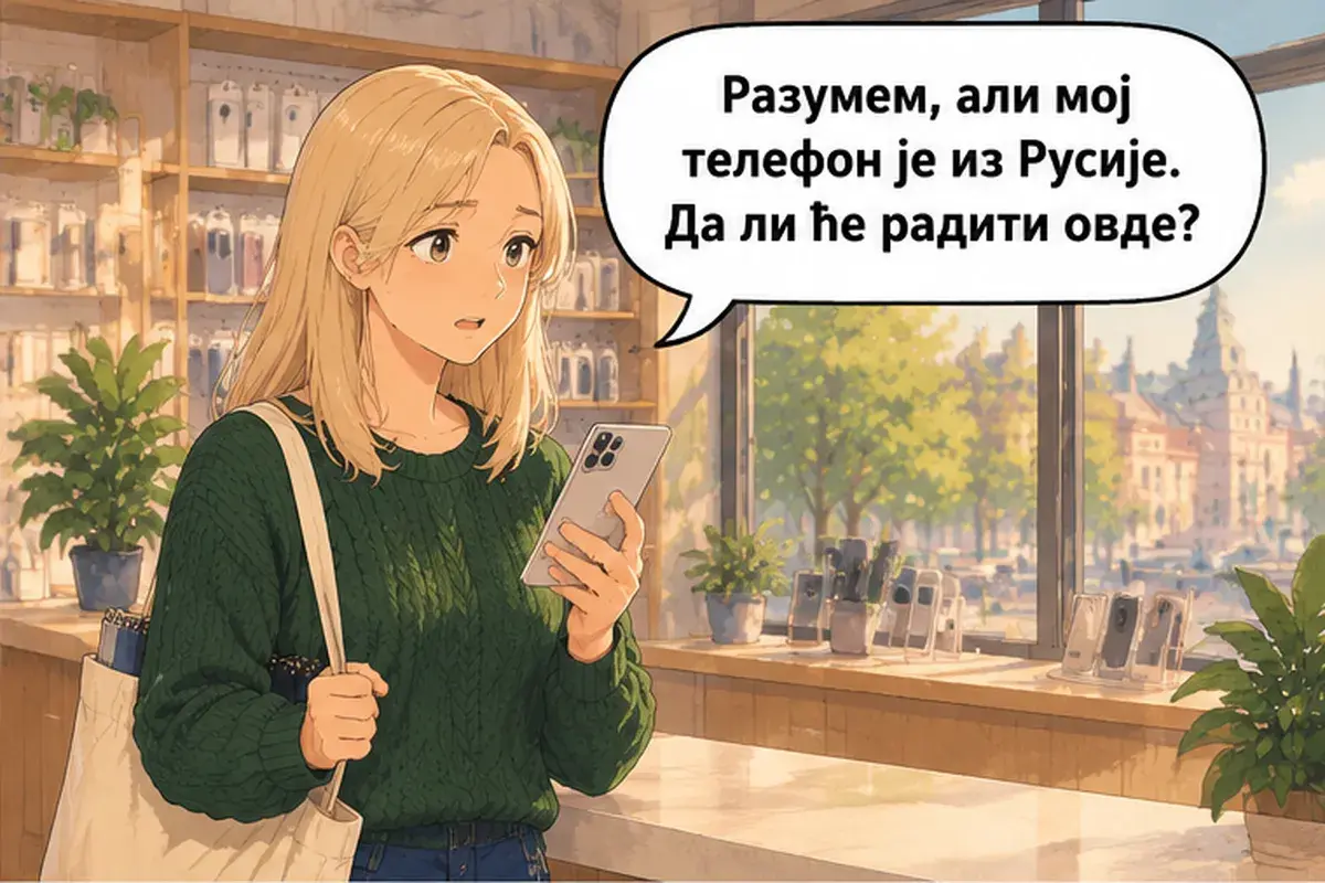 Кадр 10 из 15 к тексту «Мне нужен сербский номер.»: «Понятно, но мой телефон из России. Он здесь будет работать?»