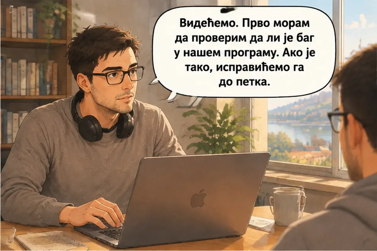 Кадр 2 из 13 к тексту «Я не могу каждый вечер работать до десяти»: «Посмотрим. Сначала мне надо проверить, не в нашей ли программе баг. Если так, исправим его до пятницы.»
