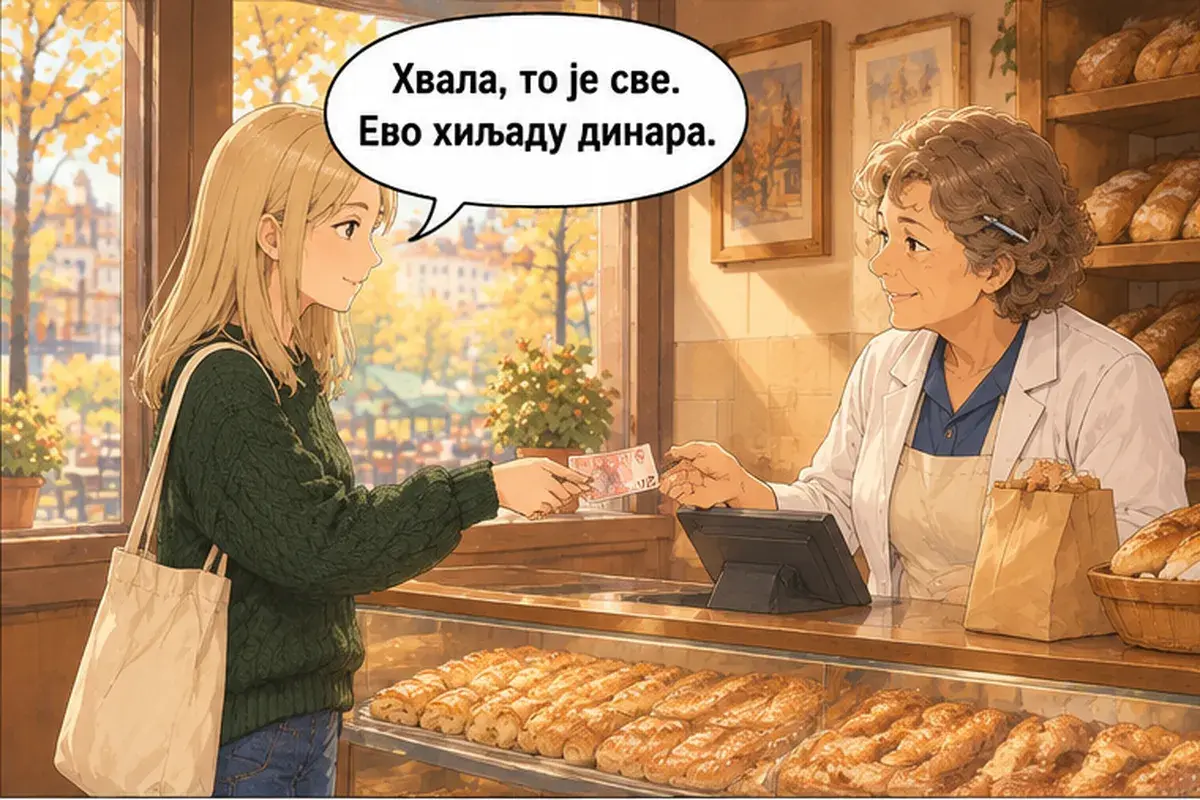 Кадр 10 из 14 к тексту «Здесь или с собой?»: «Спасибо, это всё. Вот тысяча динаров.»