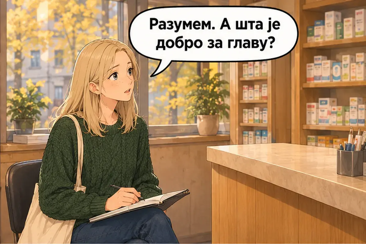 Кадр 10 из 16 к тексту «У меня болит горло»: «Понятно. А что хорошо от головной боли?»