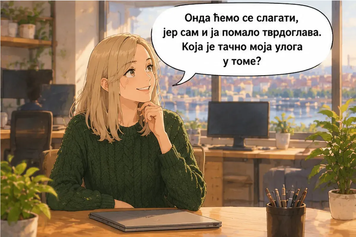 Кадр 8 из 12 к тексту «Тестировщик, с которым ты будешь работать, сидит у окна»: «Тогда мы поладим, потому что я тоже немного упрямая. Какая именно у меня роль во всём этом?»
