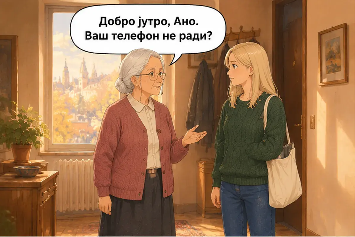 Кадр 1 из 11 к тексту «Без проблем, это пустяк.»: «Доброе утро, Аня. У вас что, не работает телефон?»