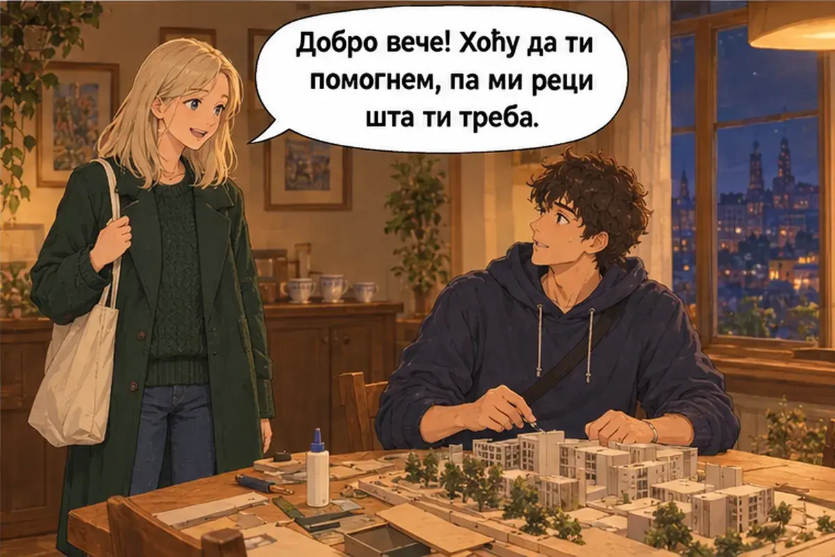 Кадр 4 из 14 к тексту «Расслабься и держись»: «Добрый вечер! Я хочу тебе помочь, так что скажи мне, что тебе нужно.»