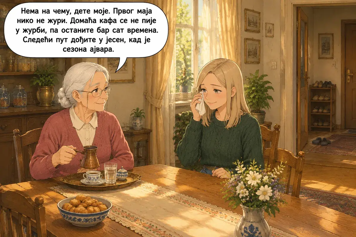 Кадр 13 из 13 к тексту «Скажи маме, что у неё дочь с добрым сердцем»: «Не за что, дитя моё. Первого мая никто не спешит. Домашний кофе не пьют второпях, так что останьтесь хотя бы на час. В следующий раз приезжайте…