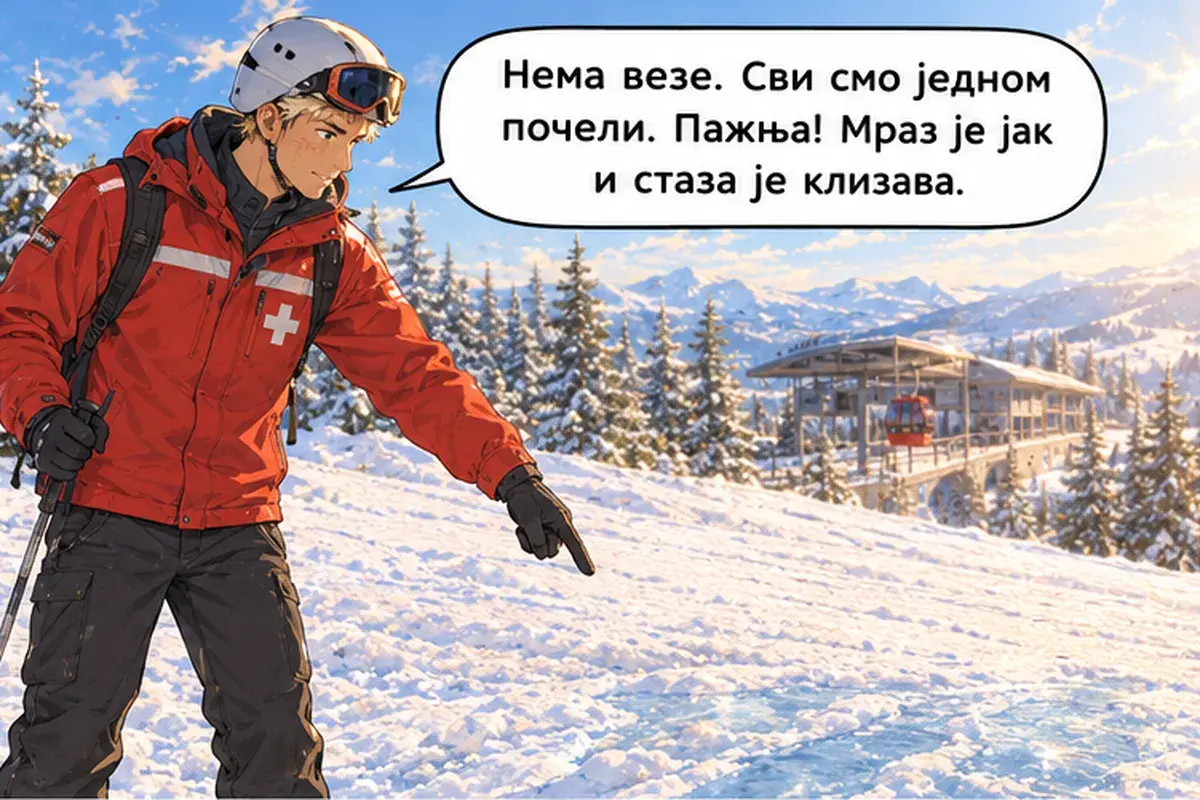 Кадр 10 из 15 к тексту «Не смотри вниз!»: «Ничего страшного, все когда-то начинали. Внимание, мороз сильный, и трасса скользкая.»