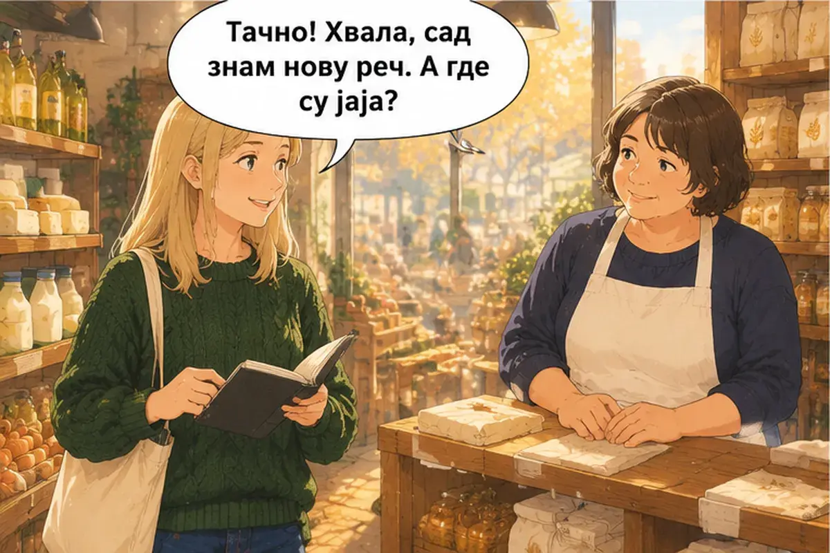 Кадр 3 из 14 к тексту «Подскажите, где касса?»: «Точно! Спасибо, теперь я знаю новое слово. А где яйца?»