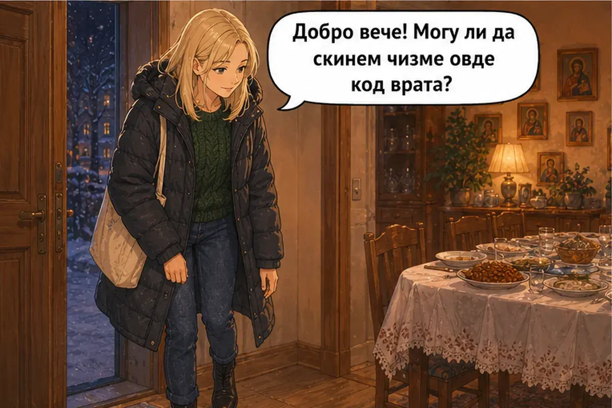 Кадр 3 из 15 к тексту «С праздником славы, хозяин!»: «Добрый вечер! Можно снять сапоги здесь, у двери?»