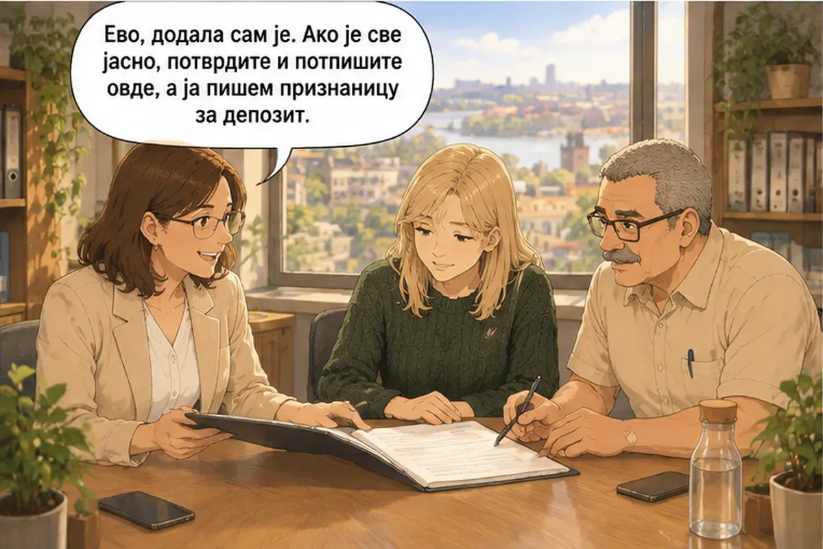 Кадр 11 из 14 к тексту «Будем читать договор пункт за пунктом»: «Вот, я её добавила. Если всё ясно, подтвердите и подпишите здесь, а я пишу расписку на залог.»