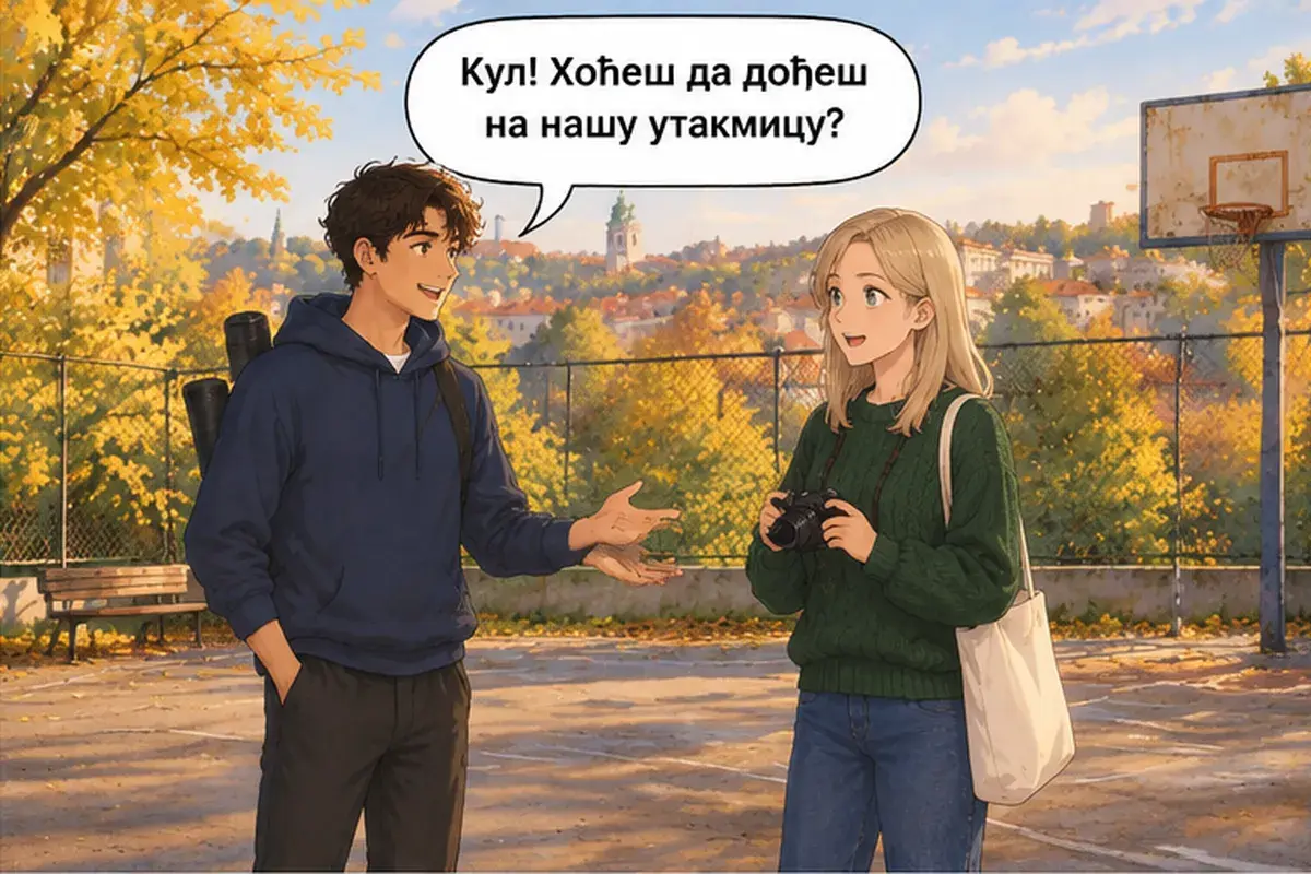 Кадр 6 из 12 к тексту «Что ты делаешь в свободное время?»: «Круто! Хочешь прийти на наш матч?»