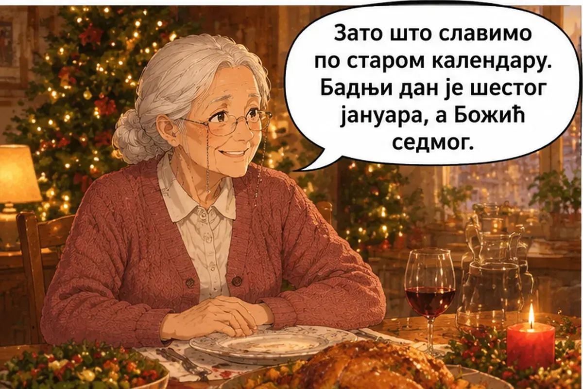 Кадр 7 из 14 к тексту «Почему Рождество седьмого января?»: «Потому что мы празднуем по старому календарю. Бадни дан — шестого января, а Божич — седьмого.»