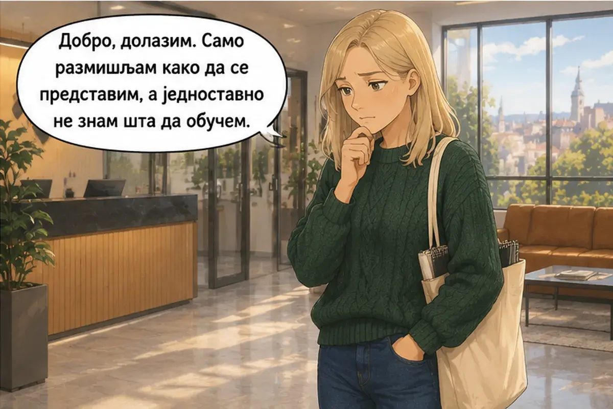 Кадр 4 из 8 к тексту «Пришла бы ты на собеседование?»: «Хорошо, приду. Просто думаю, как мне представиться, а ещё я просто не знаю, что надеть.»