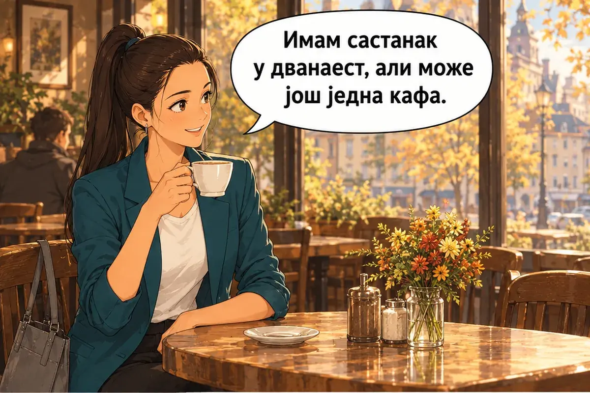 Кадр 13 из 14 к тексту «Когда ты начинаешь работать?»: «У меня совещание в двенадцать, но ещё по одной чашке кофе успеем.»