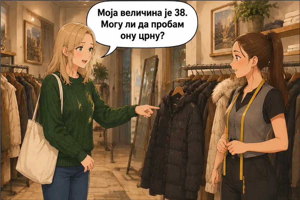 Кадр 4 из 14 к тексту «Можно примерить вон ту чёрную?»: «Мой размер — 38. Можно примерить вон ту чёрную?»