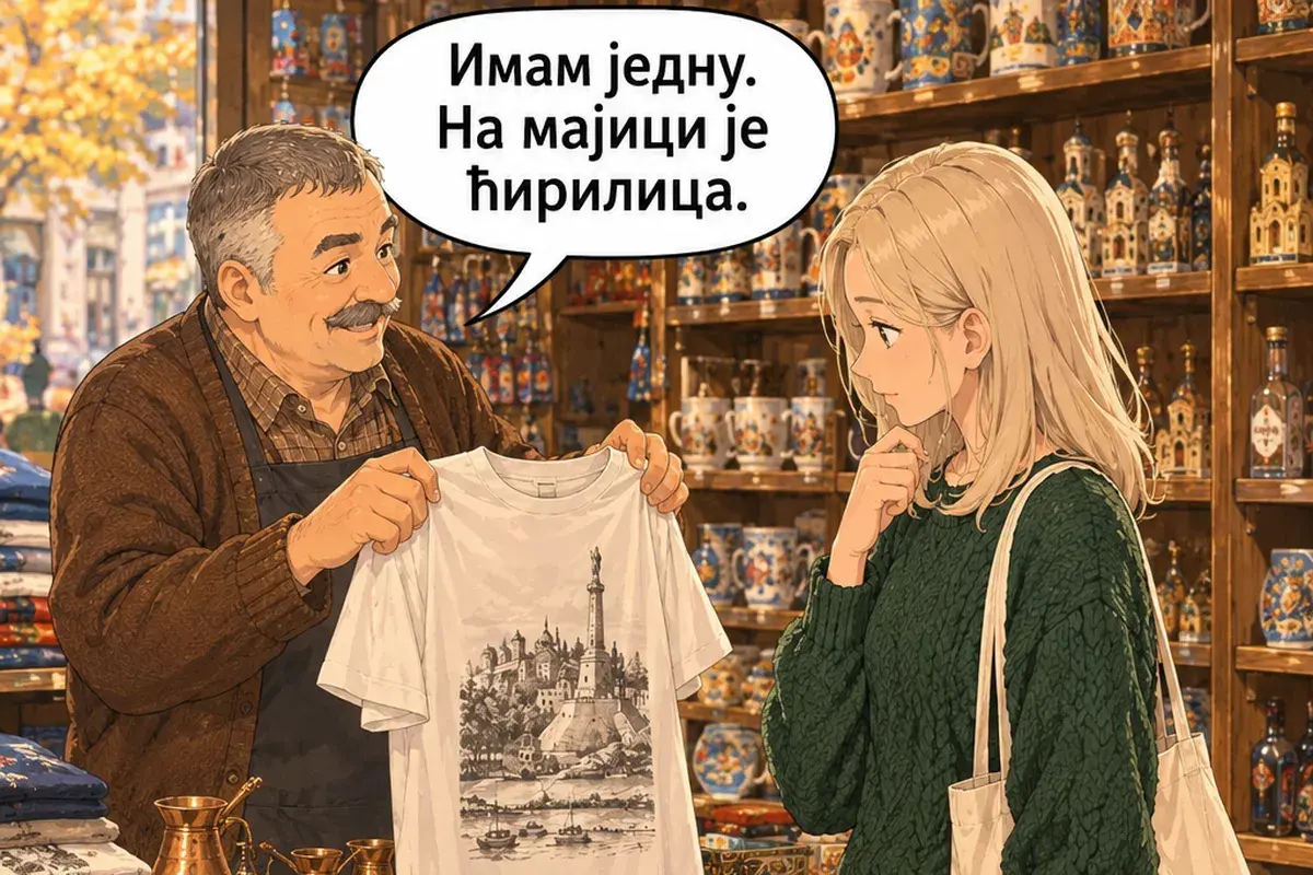 Кадр 13 из 14 к тексту «Я ищу подарки для семьи»: «Есть одна. На футболке кириллица.»