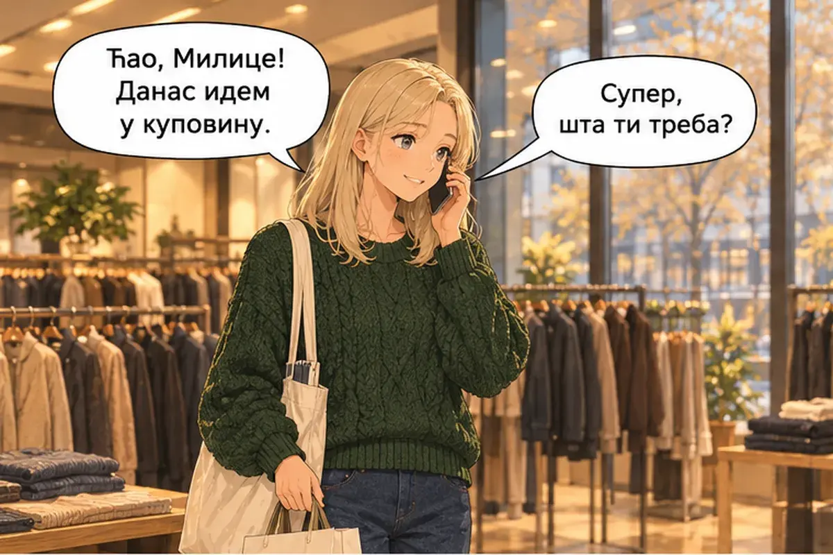 Кадр 1 из 11 к тексту «Синяя или чёрная?»: «Привет, Милица! Сегодня я иду за покупками.» «Супер, что тебе нужно?»