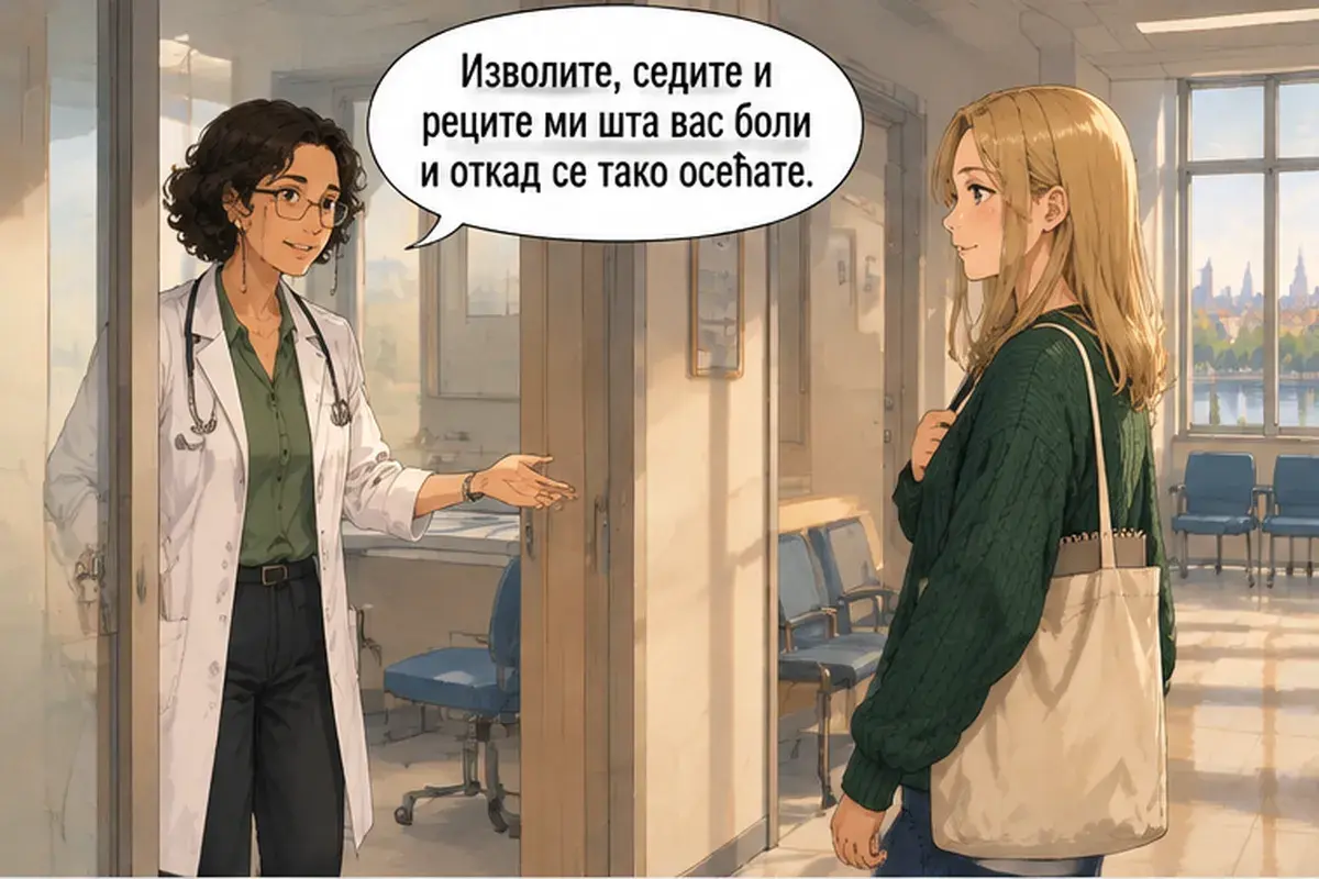 Кадр 9 из 16 к тексту «Скажите, кто ваш выбранный врач»: «Проходите, садитесь и скажите мне, что у вас болит и с каких пор вы так себя чувствуете.»