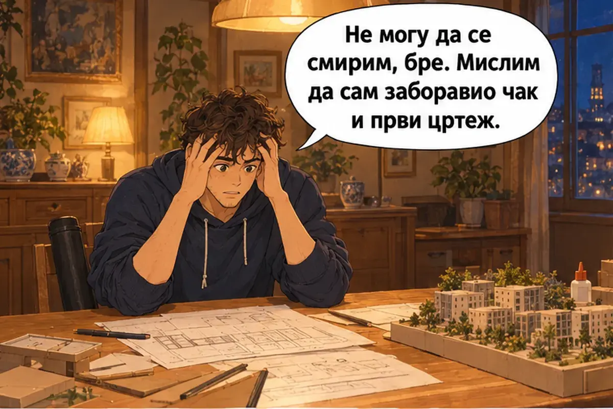 Кадр 5 из 14 к тексту «Расслабься и держись»: «Не могу успокоиться, слушай. Кажется, я забыл даже первый чертёж.»