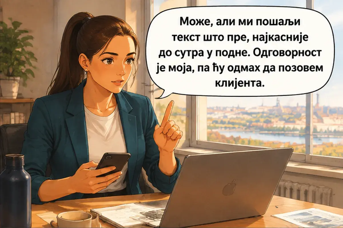 Кадр 10 из 13 к тексту «Я не могу каждый вечер работать до десяти»: «Можно, но пришли мне текст как можно скорее, не позже завтрашнего полудня. Ответственность на мне, поэтому я сразу позвоню клиенту.»