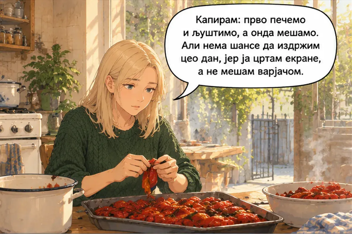Кадр 5 из 13 к тексту «Айвар не делают на скорую руку»: «Понимаю: сначала печём и чистим, а потом мешаем. Но я ни за что не выдержу целый день, ведь я рисую экраны, а не мешаю ложкой.»