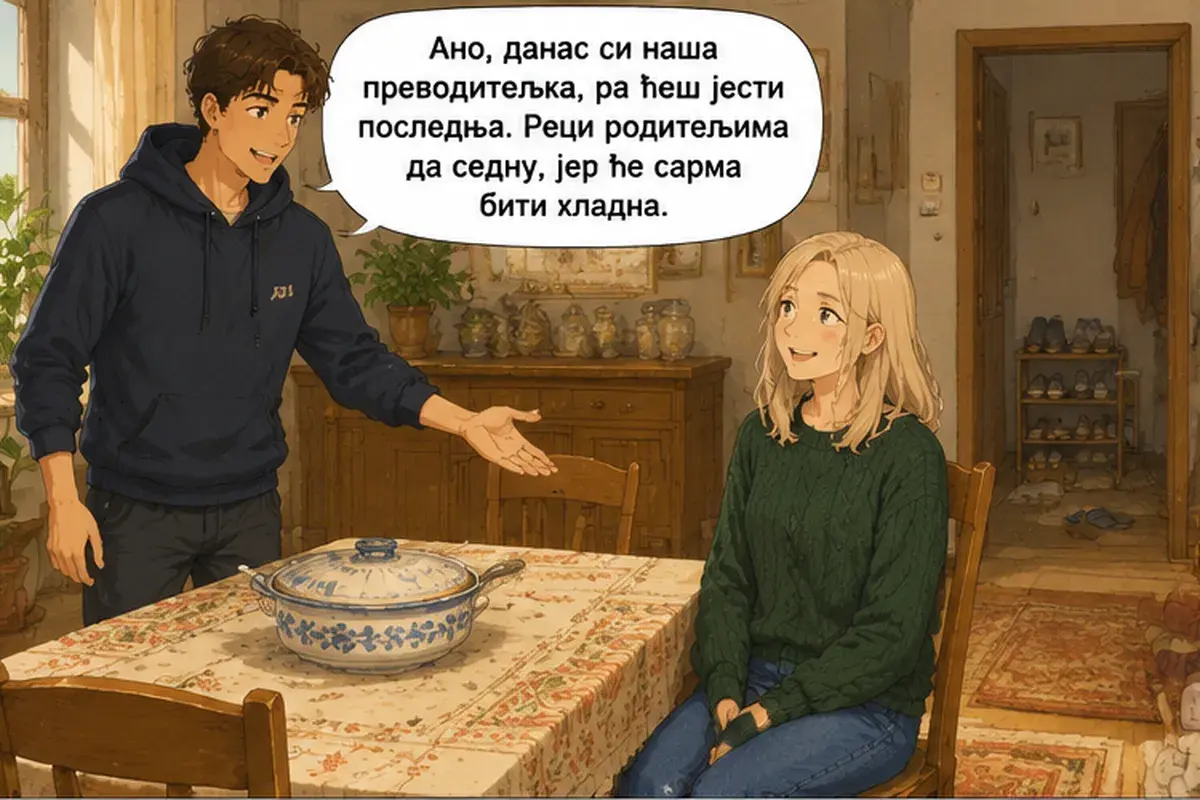 Кадр 5 из 13 к тексту «Скажи маме, что у неё дочь с добрым сердцем»: «Аня, сегодня ты наша переводчица, так что есть будешь последней. Скажи родителям, чтобы садились, потому что сарма остынет.»