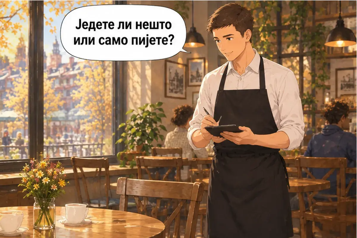 Кадр 7 из 14 к тексту «Можно заплатить картой?»: «Вы что-нибудь будете есть или только пить?»