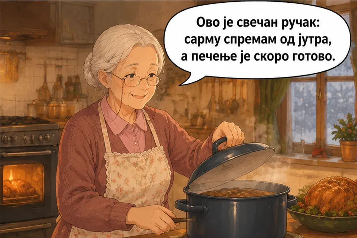 Кадр 4 из 14 к тексту «Почему Рождество седьмого января?»: «Это праздничный обед: сарму я готовлю с утра, а жаркое почти готово.»