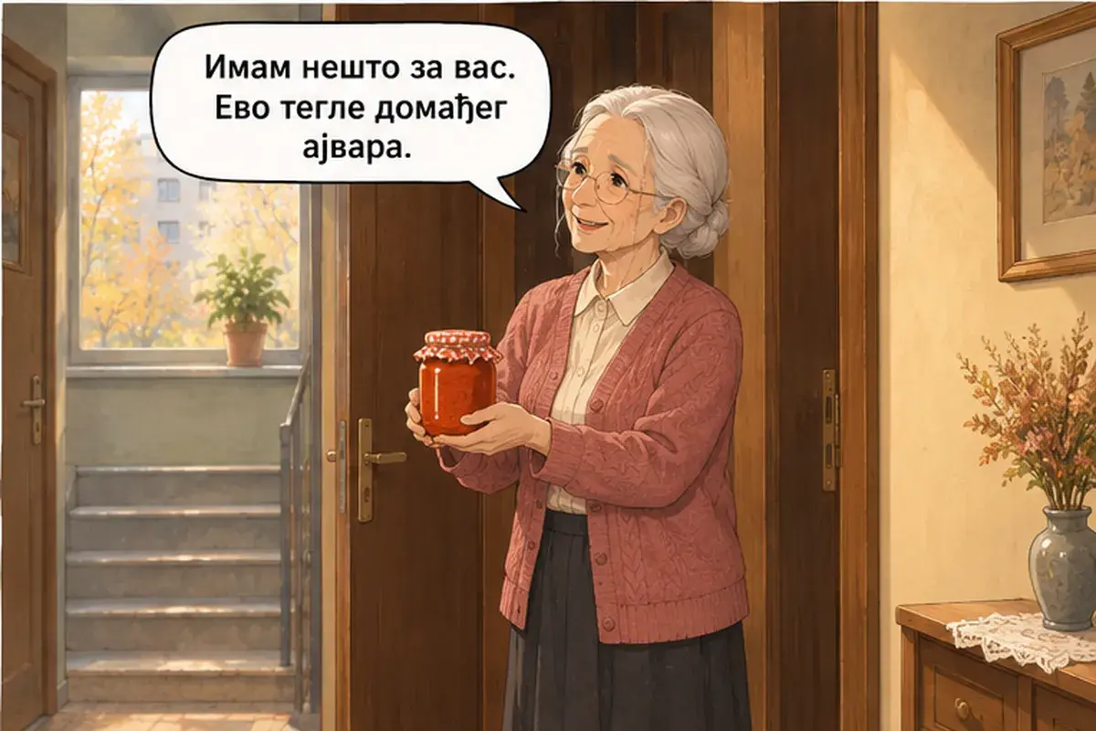 Кадр 4 из 14 к тексту «Счастливого пути! Приезжайте ещё!»: «У меня кое-что есть для вас. Вот банка домашнего айвара.»