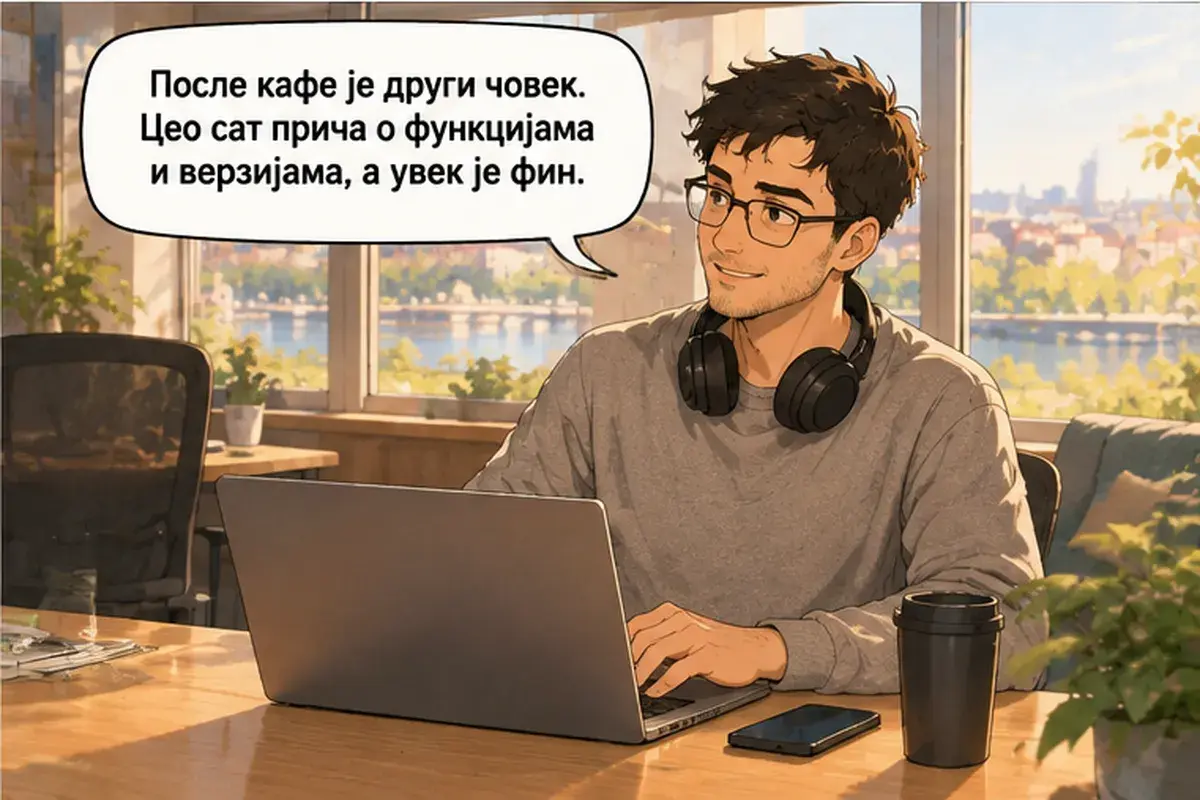Кадр 4 из 12 к тексту «Тестировщик, с которым ты будешь работать, сидит у окна»: «После кофе он другой человек. Целый час рассказывает про функции и версии, а ещё он всегда приятный в общении.»