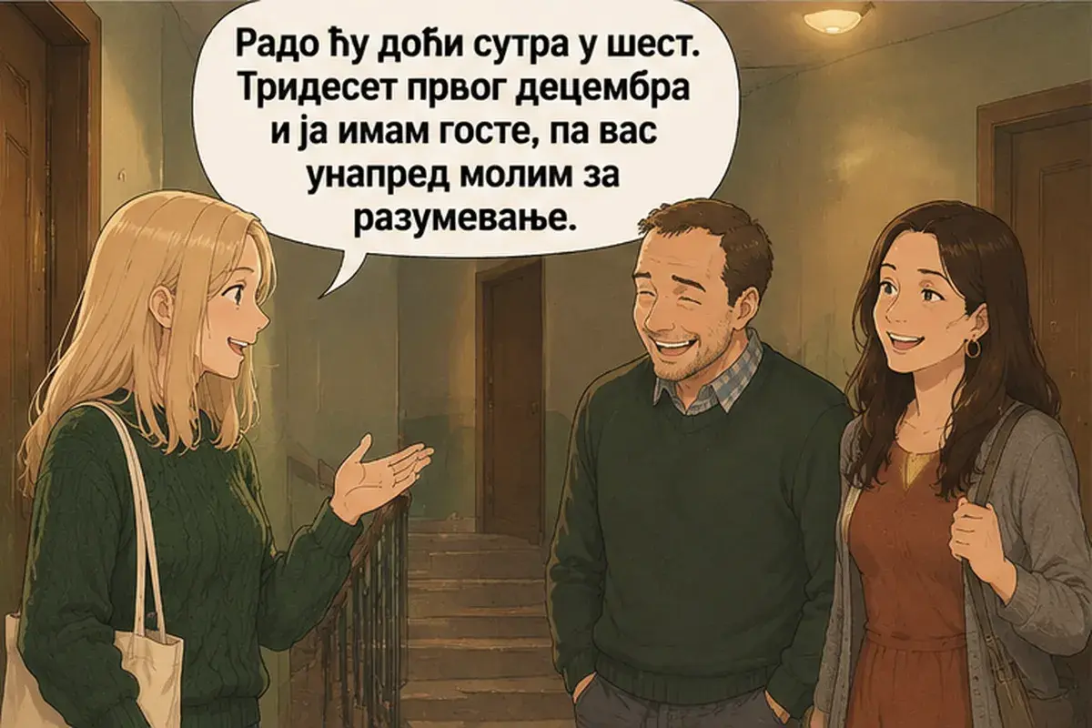 Кадр 11 из 12 к тексту «Дом хороший, только через стены всё слышно»: «С удовольствием, завтра в шесть приду. Тридцать первого декабря и у меня будут гости, так что заранее прошу вас о понимании.»