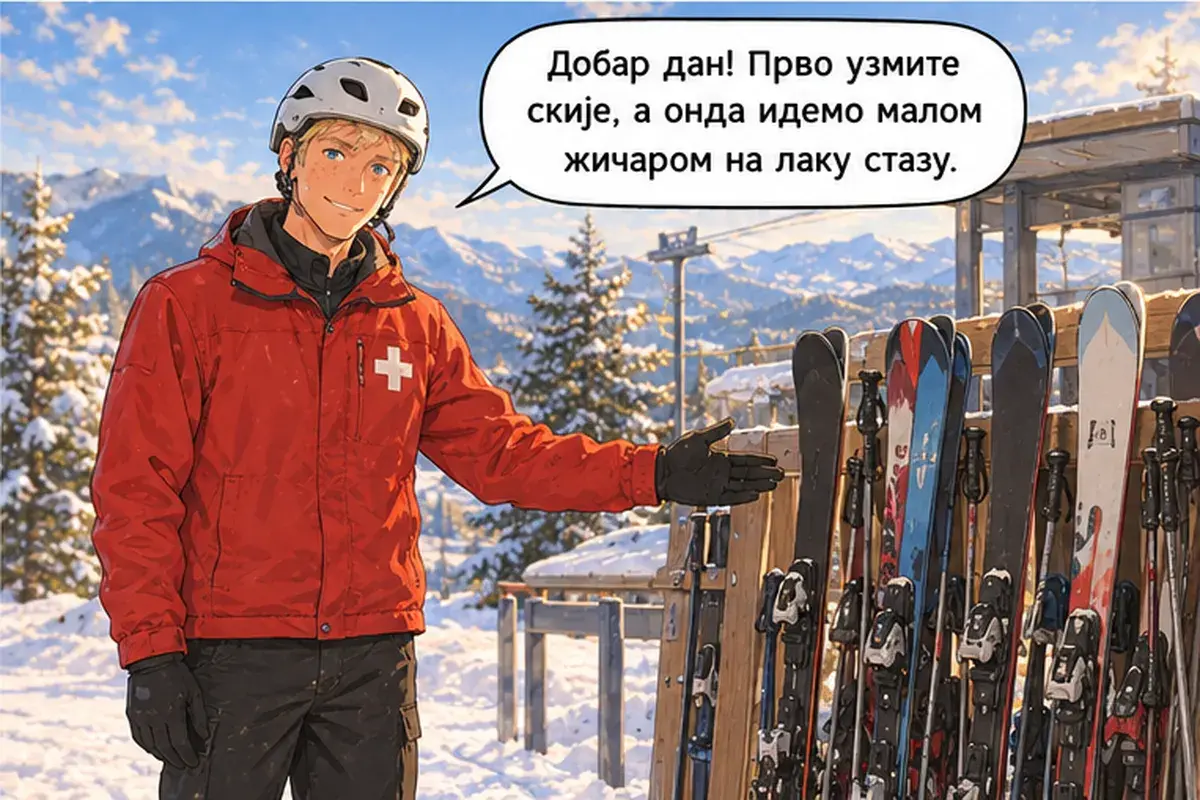 Кадр 8 из 15 к тексту «Не смотри вниз!»: «Добрый день! Сначала возьмите лыжи, а потом поедем на маленьком подъёмнике на лёгкую трассу.»