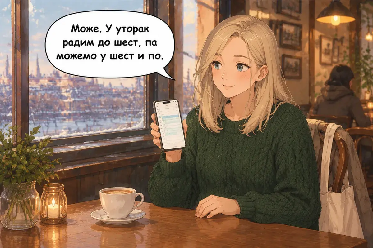 Кадр 6 из 7 к тексту «Я приехала два часа назад»: «Можно. Во вторник я работаю до шести, так что можем в половине седьмого.»