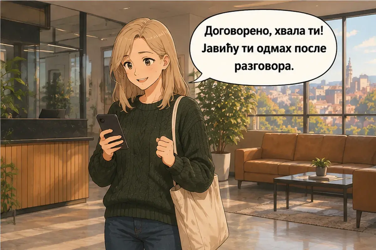 Кадр 8 из 8 к тексту «Пришла бы ты на собеседование?»: «Договорились, спасибо! Сразу после собеседования напишу тебе.»