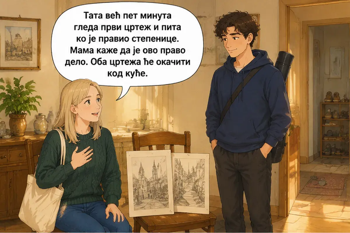 Кадр 9 из 13 к тексту «Скажи маме, что у неё дочь с добрым сердцем»: «Папа уже пять минут смотрит на первый рисунок и спрашивает, кто делал ступени. Мама говорит, что это настоящее произведение искусства. Оба рисунка…