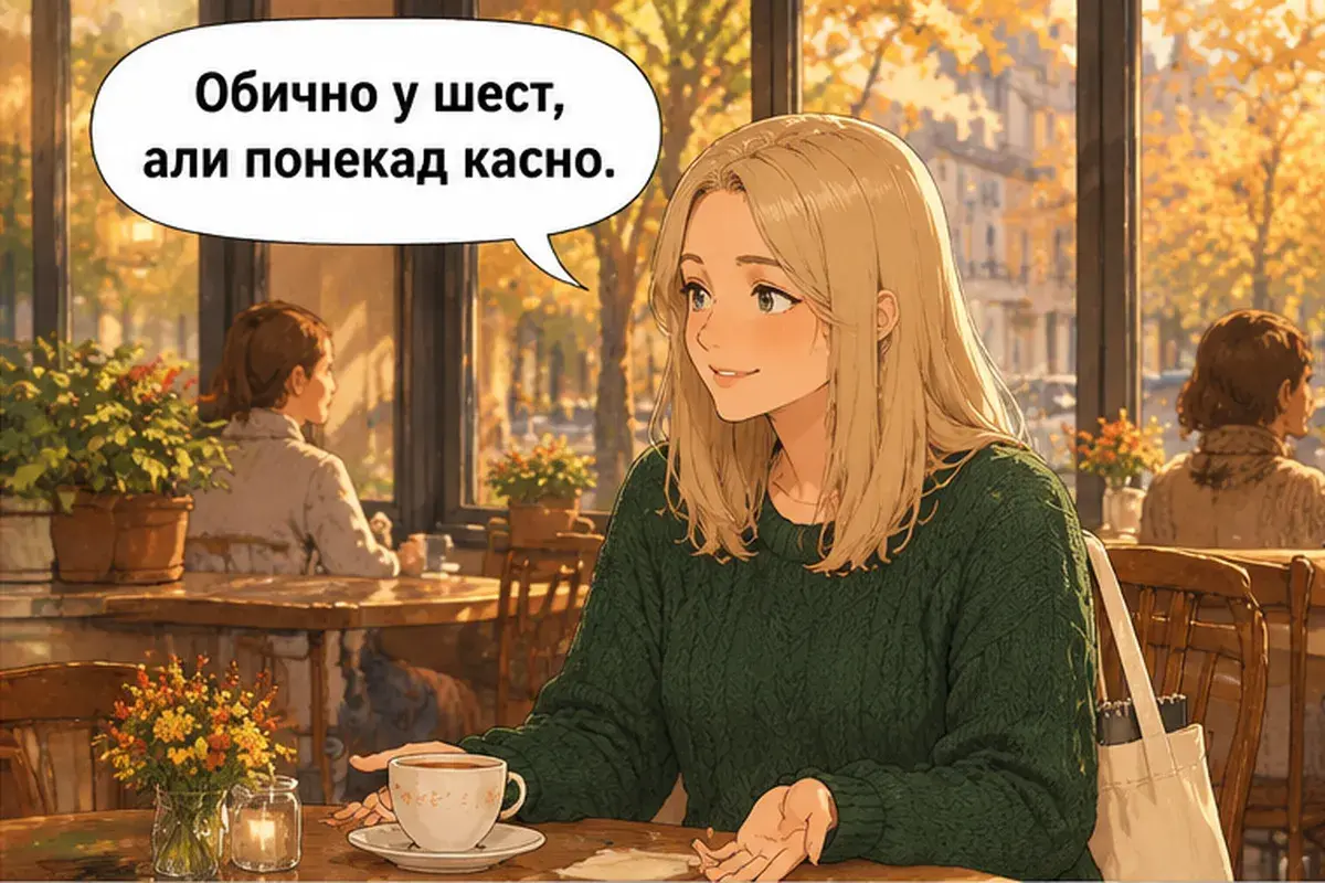Кадр 6 из 14 к тексту «Когда ты начинаешь работать?»: «Обычно в шесть, но иногда поздно.»