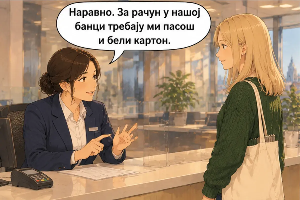Кадр 3 из 13 к тексту «Я хотела бы открыть счёт.»: «Конечно. Для счёта в нашем банке мне нужны паспорт и белый картон.»