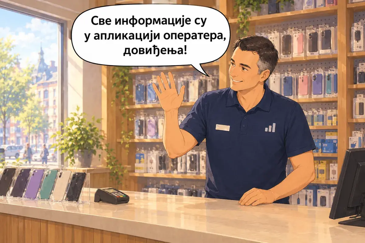 Кадр 15 из 15 к тексту «Мне нужен сербский номер.»: «Вся информация в приложении оператора, до свидания!»