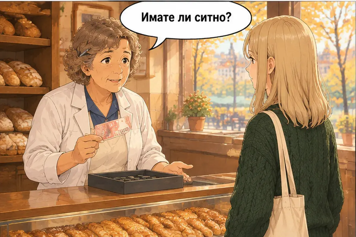 Кадр 11 из 14 к тексту «Здесь или с собой?»: «У вас есть мелочь?»