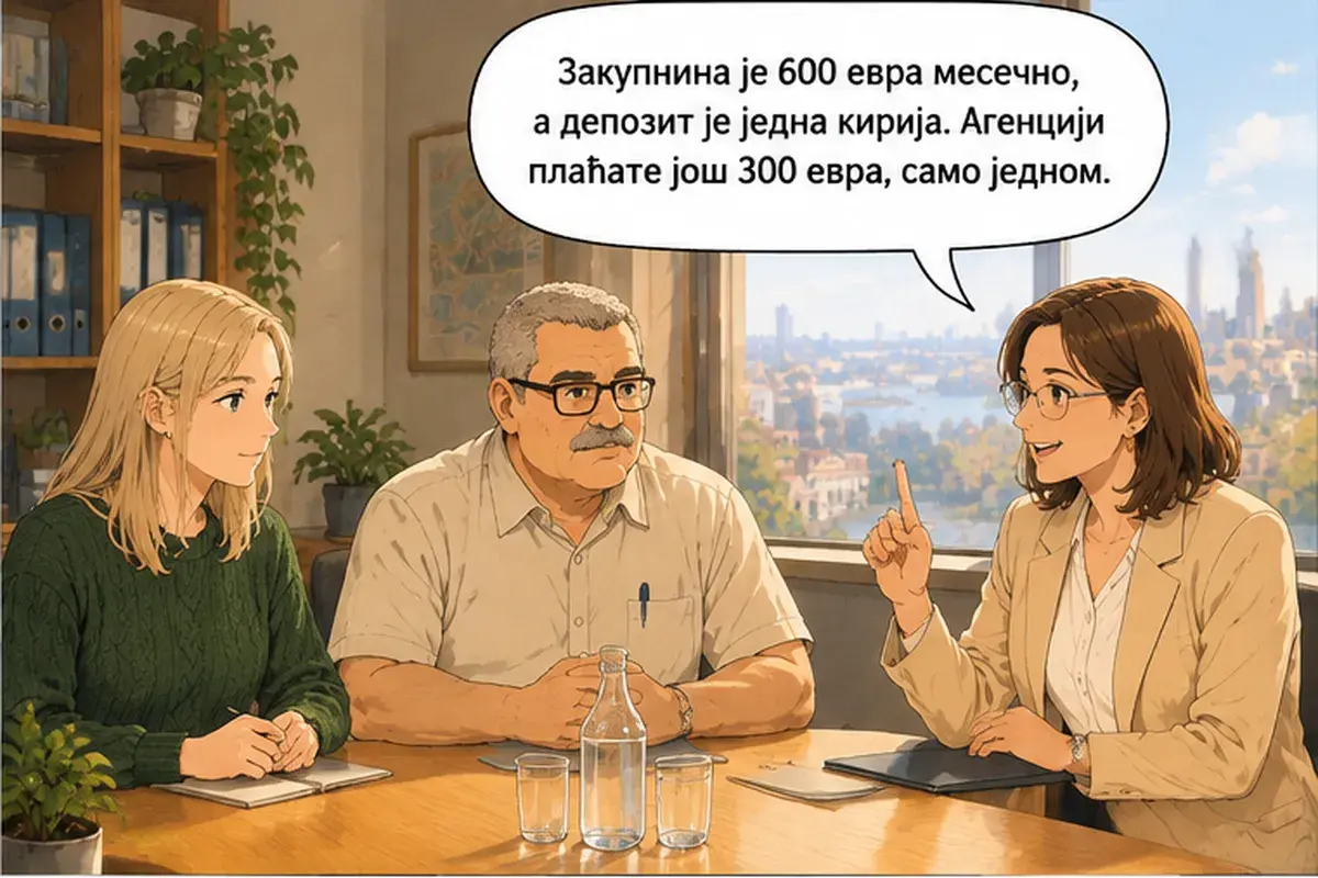 Кадр 6 из 14 к тексту «Будем читать договор пункт за пунктом»: «Плата за аренду — 600 евро в месяц, а залог — одна месячная плата. Агентству вы платите ещё 300 евро, только один раз.»