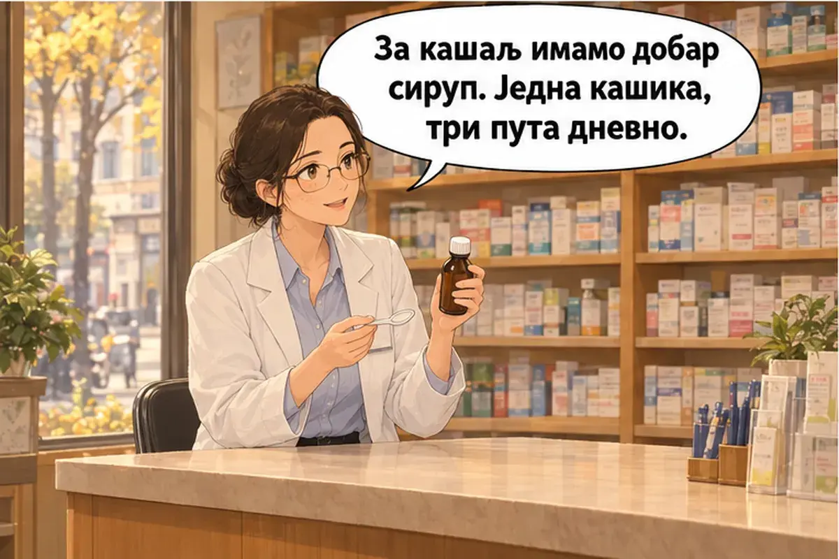 Кадр 7 из 16 к тексту «У меня болит горло»: «От кашля у нас есть хороший сироп. По одной ложке три раза в день.»