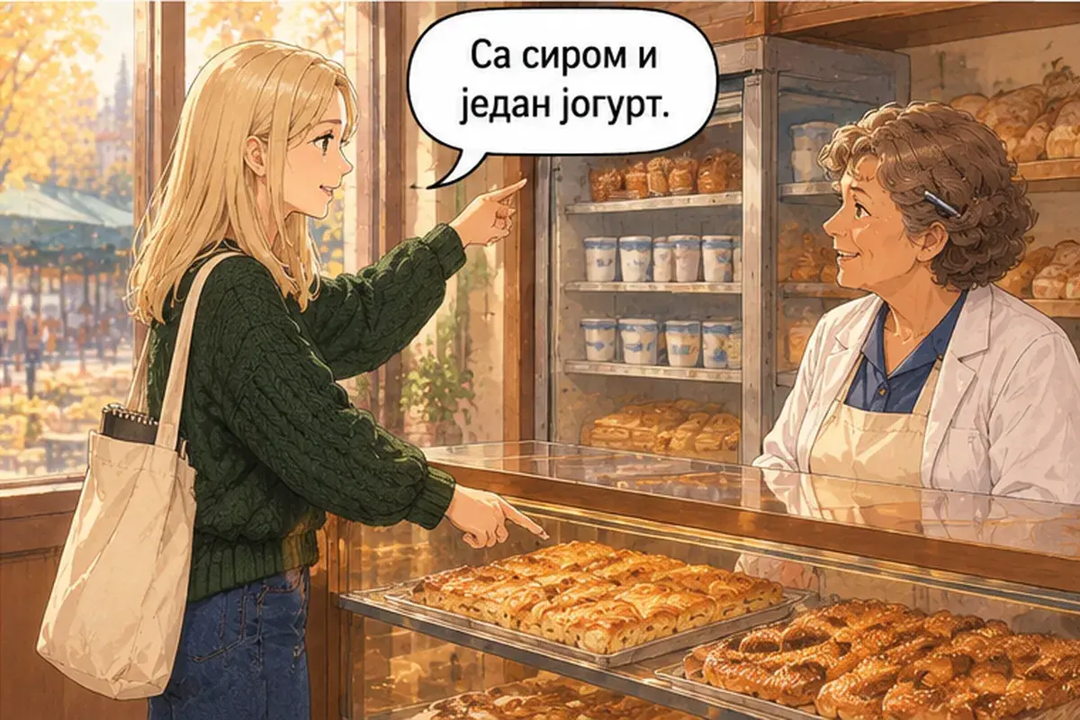 Кадр 4 из 14 к тексту «Здесь или с собой?»: «С сыром и один йогурт.»