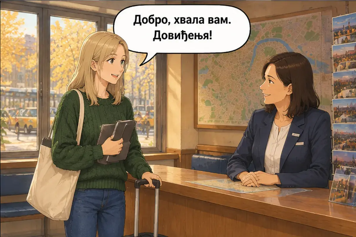 Кадр 12 из 12 к тексту «Как доехать до центра?»: «Хорошо, спасибо. До свидания!»