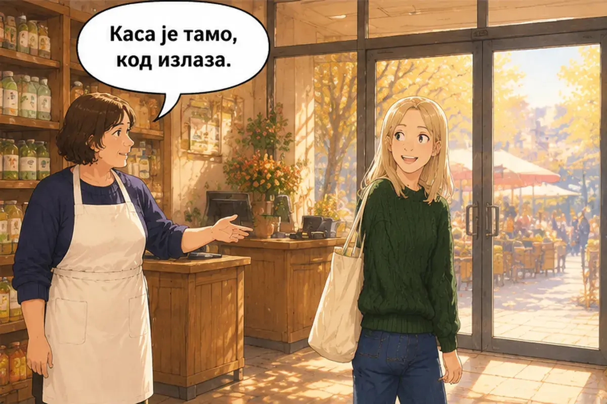 Кадр 8 из 14 к тексту «Подскажите, где касса?»: «Касса вон там, у выхода.»
