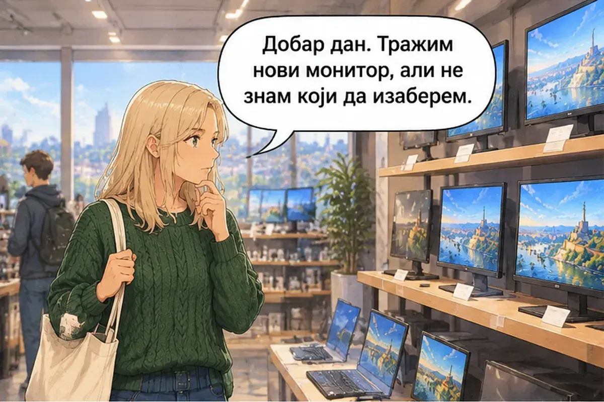 Кадр 1 из 15 к тексту «Этот монитор больше, но и дороже»: «Добрый день. Я ищу новый монитор, но не знаю, какой выбрать.»