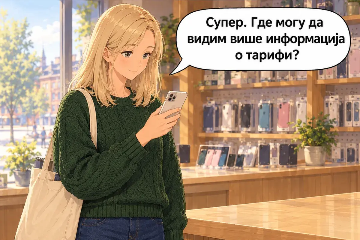 Кадр 14 из 15 к тексту «Мне нужен сербский номер.»: «Супер. Где можно посмотреть больше информации о тарифе?»
