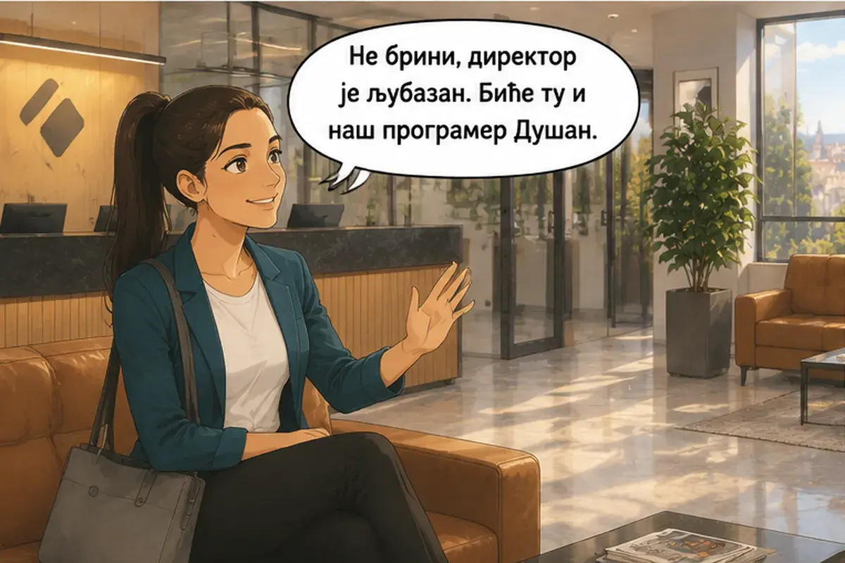 Кадр 3 из 8 к тексту «Пришла бы ты на собеседование?»: «Не волнуйся, директор вежливый. Там будет и Душан, наш программист.»